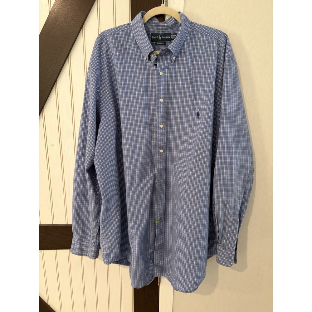 Ralph Lauren Mens 2XL Tall Gingham Classic Fit Button Down Shirt Blue
